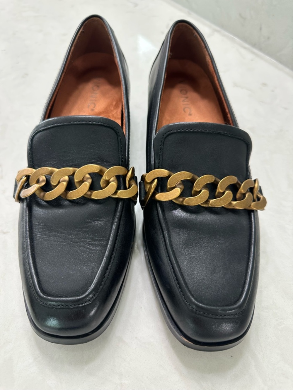 Vionic Black Leather Loafers with Gold Chain Accent, 8.5